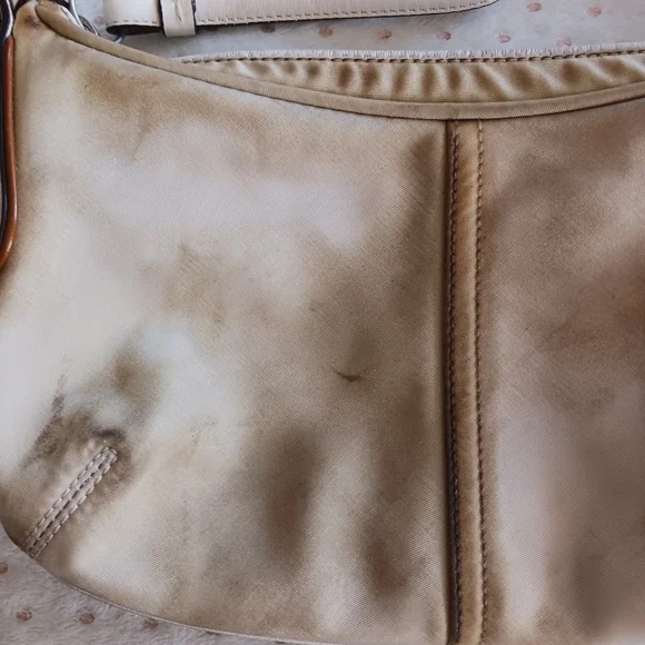 Vintage / Rare Coach Nylon Beige Handbag White Leather Handle Shoulder Bag - Picture 3 of 14